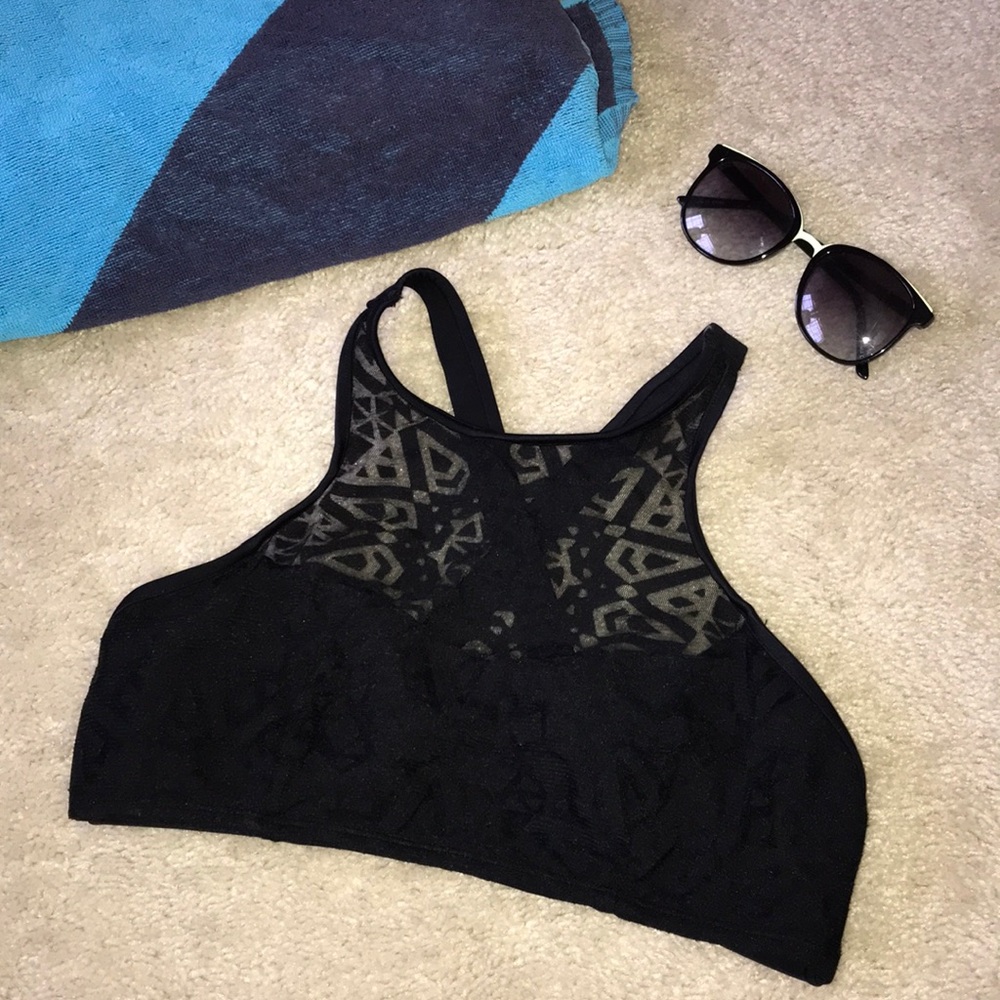 Black high neck bikini top with mesh detailing